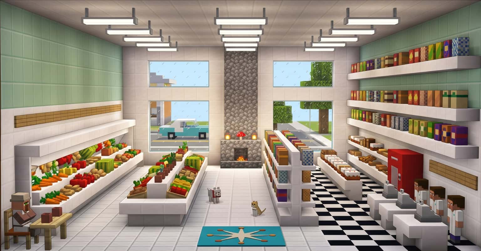 A Minecraft-built grocery store interior with produce stalls, stocked shelves, checkout counters and a stone fireplace