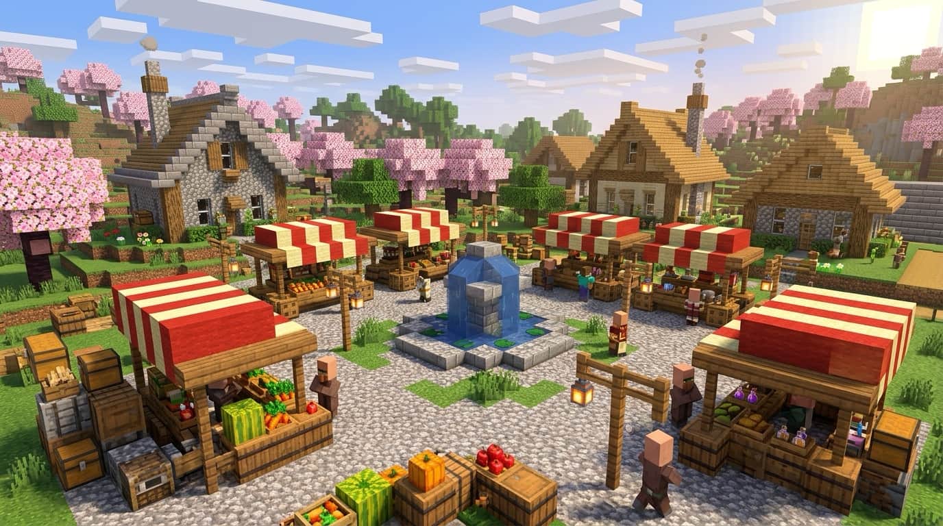 Illustration of a village square market on a sunny morning: stalls with red-and-cream striped awnings, crates of vegetables and melons, a stone fountain, villagers and pink cherry trees around stone and timber houses