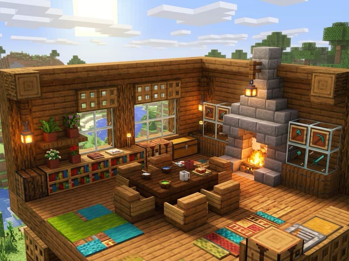 Illustration of a wooden cabin with bookshelves, potted plants, a stone fireplace and glass display cases holding tools