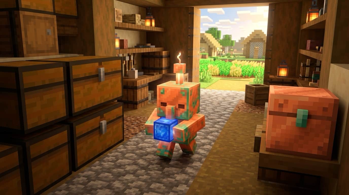Illustration of a small copper golem with green oxidised patches carrying a block between wooden chests and a copper chest in a village storeroom
