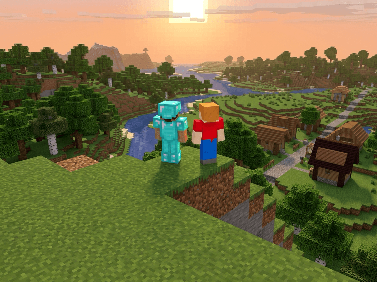 Illustration of two Minecraft players on a grassy hill above a river village at sunset