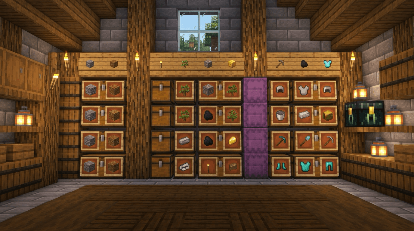 Illustration of a wooden storage room lined with chests and item frames
