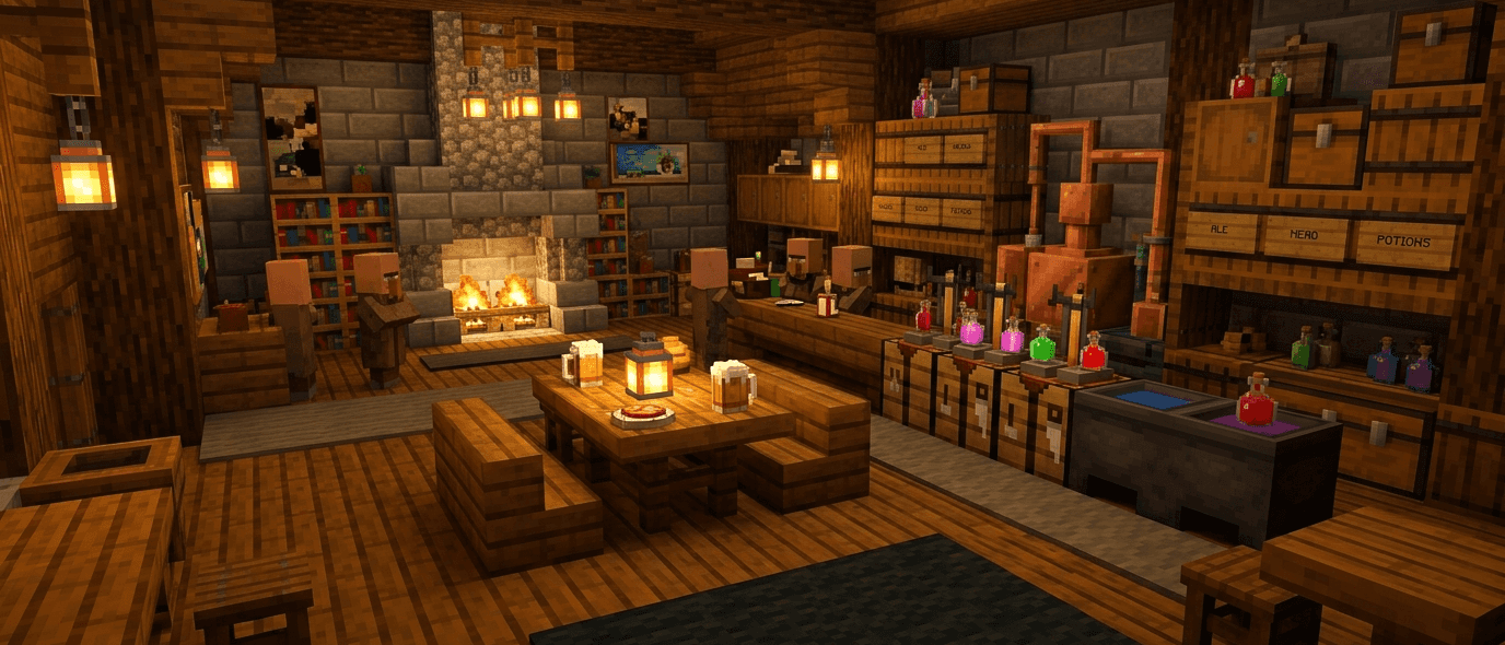 Illustration of a tavern interior with a stone fireplace, barrels and shelves of potions