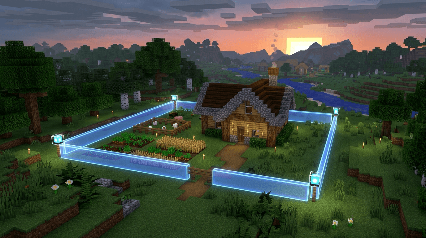 Illustration of a cottage and garden inside a glowing blue claim border at dusk