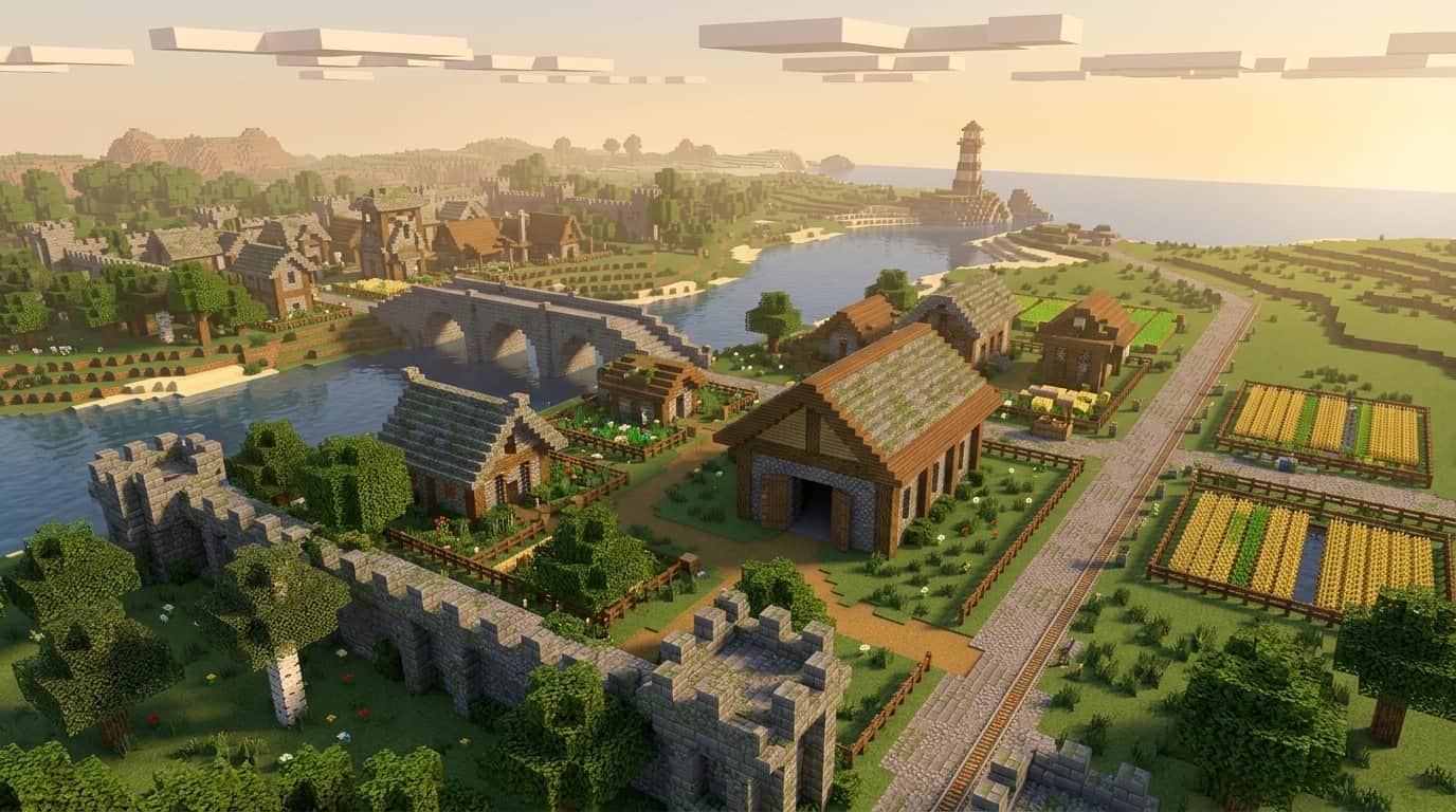 Illustration of a long-settled riverside town at late afternoon: mossy stone and timber houses, an arched stone bridge, a big storage hall with open doors, fenced wheat farms beside a rail line, old castle walls in the foreground and a lighthouse on the coast