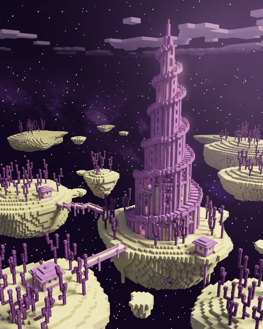 Illustration of pale floating islands with purple chorus plants and a purpur tower in a violet void