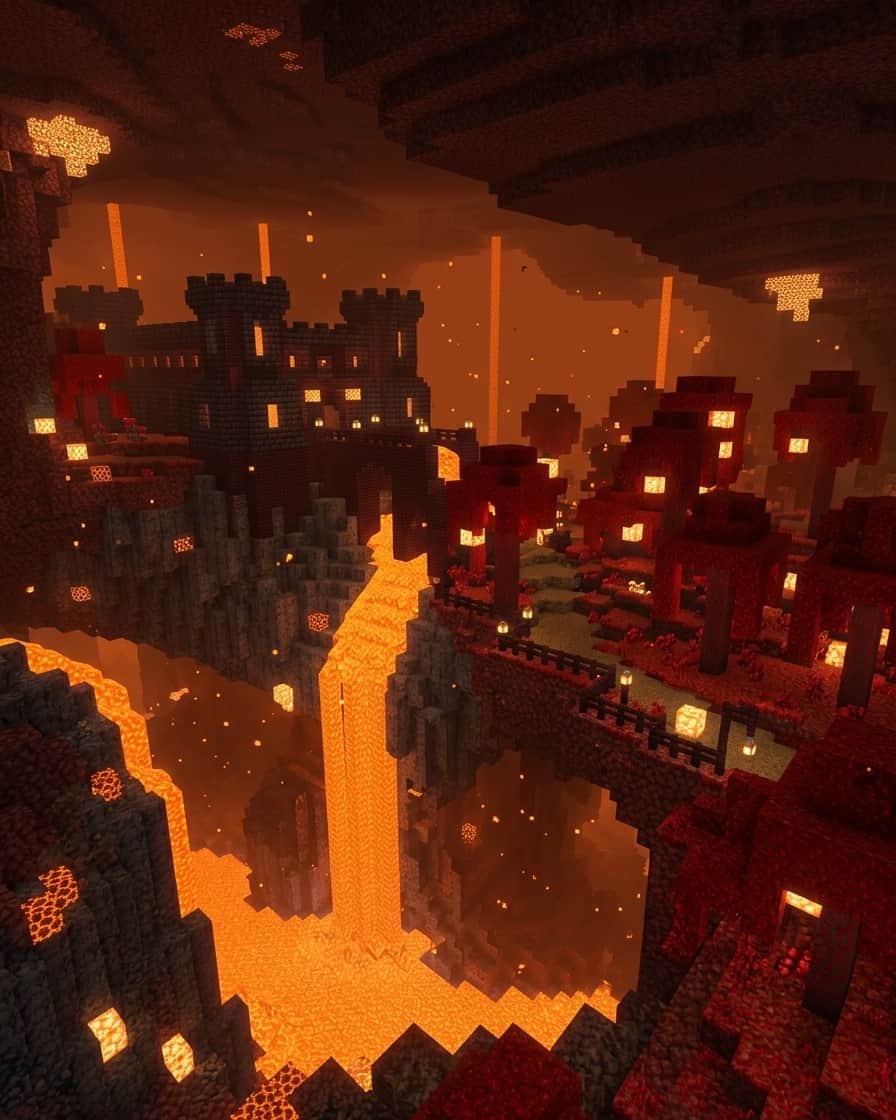 Illustration of a Nether cavern with a lava fall, a blackstone fortress on a ledge and a crimson fungus forest
