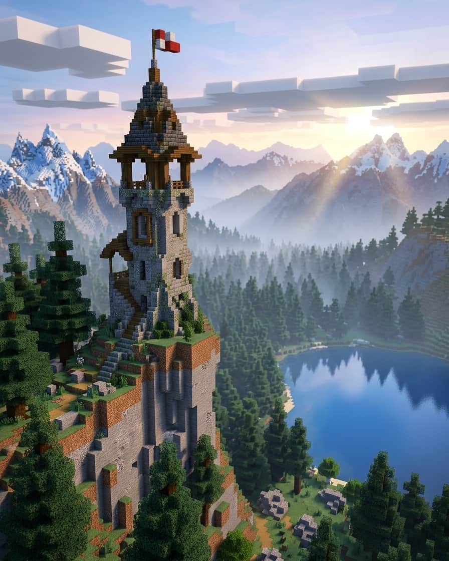 Illustration of a stone watchtower on a cliff above a misty pine forest and a blue lake, snowy mountains behind
