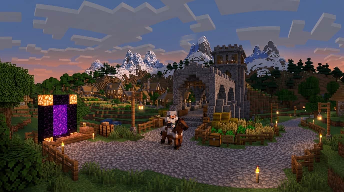 Illustration of a lantern-lit cobblestone crossroads at dusk with a glowing Nether portal, a rider on a horse, a stone archway and snowy mountains behind a village