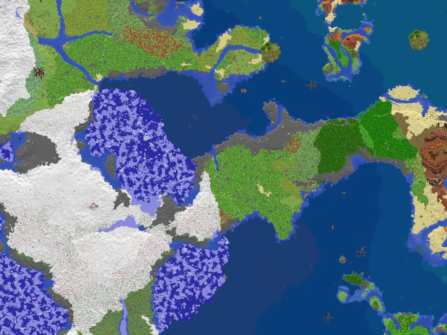 Top-down map of the land around spawn in Omeyocan: snowfields and blue ice spikes to the west, green forests and plains along a winding coast, and islands scattered across open ocean to the east