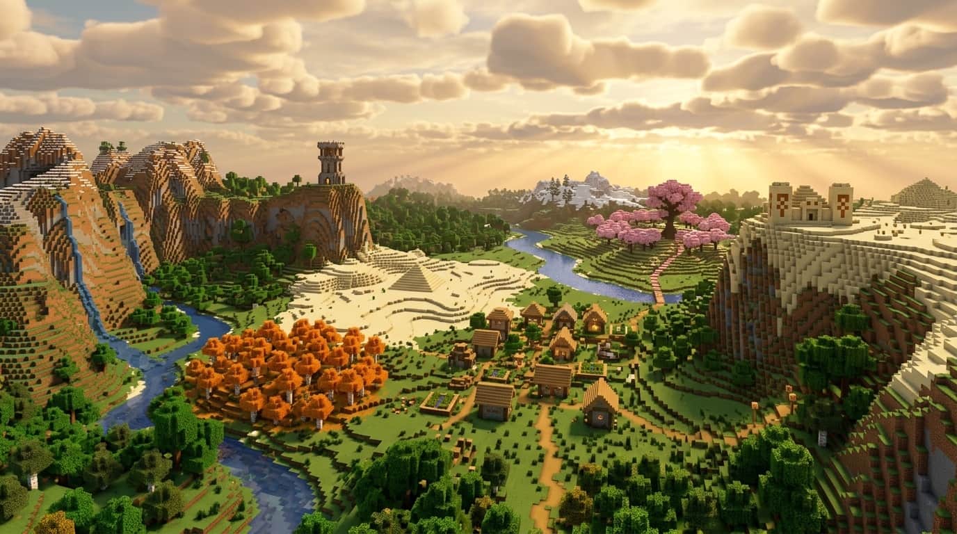 Illustration of a blocky survival world at golden hour: terraced mountains with waterfalls, a river valley, an orange autumn forest, a desert pyramid, a pink cherry grove and a village with dirt roads